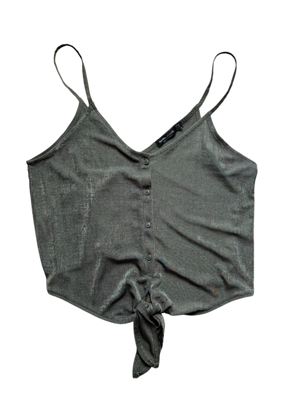 Bershka Olive Metallic Button-Front Cami Crop Top Size S - Soft Luxury Silk Feel